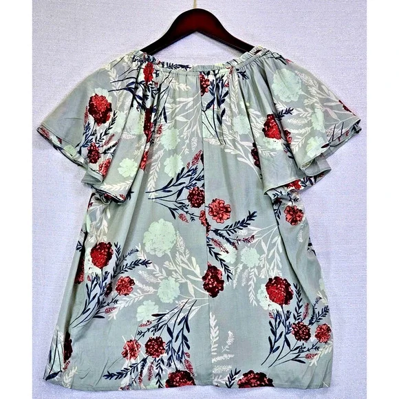 Candace Cameron Women’s Blouse Cap Flutter Sleeve Tie Front Floral Sage Medium - Picture 6 of 6